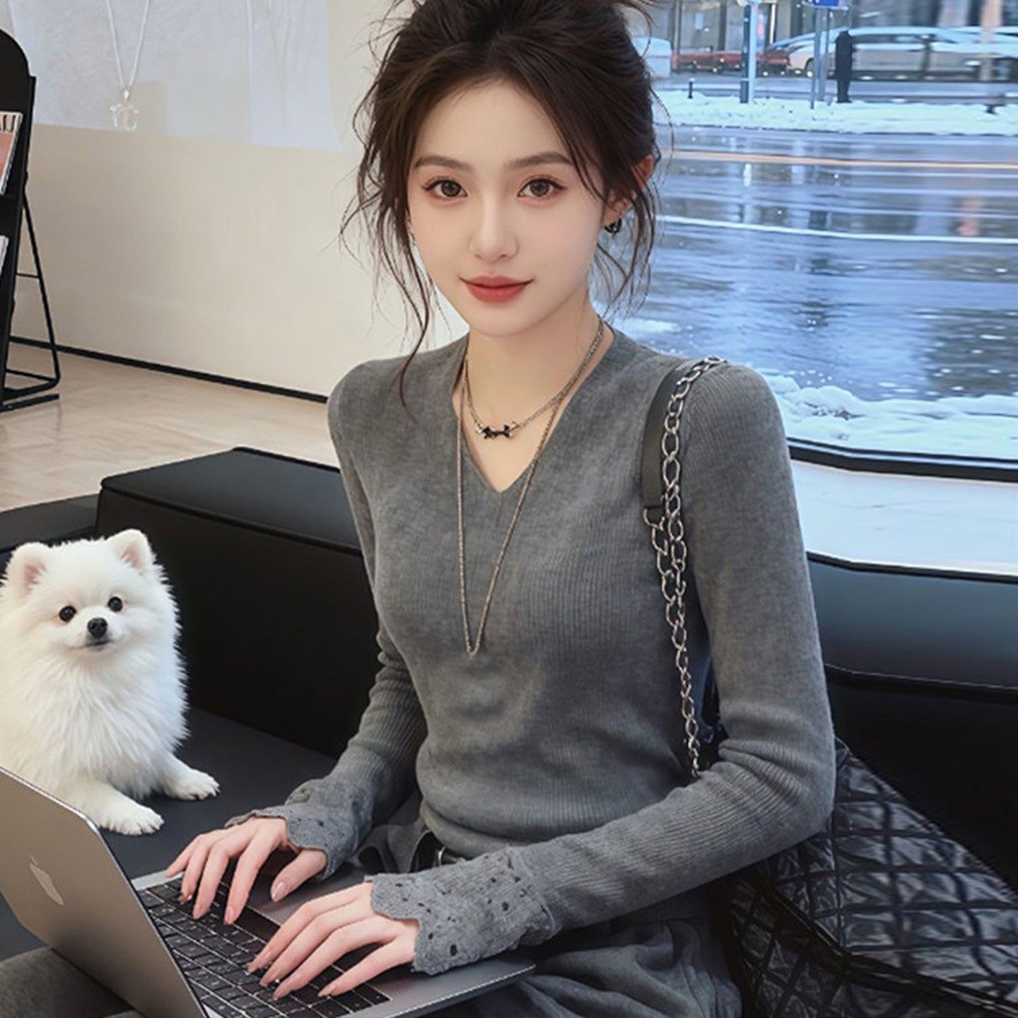 韩系V领长袖针织打底衫女冬季新款高级感可外穿皮草内搭绝美上衣