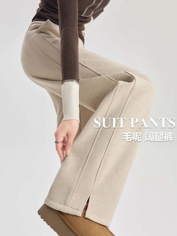 人字纹毛呢裤女秋冬新款加绒加厚醋酸羊毛裤西装裤直筒窄版阔腿裤,女装/女士精品,休闲裤,淘宝优惠券,粉丝福利购,淘宝优惠卷