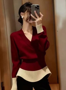 圣诞新年红色毛衣撞色v领打底衫秋冬季新款收腰显瘦针织衫上0115k