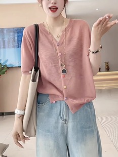 寬松時(shí)尚 高端大牌歐貨上衣 T恤女夏季 歐洲站粉色V領(lǐng)冰絲針織短袖
