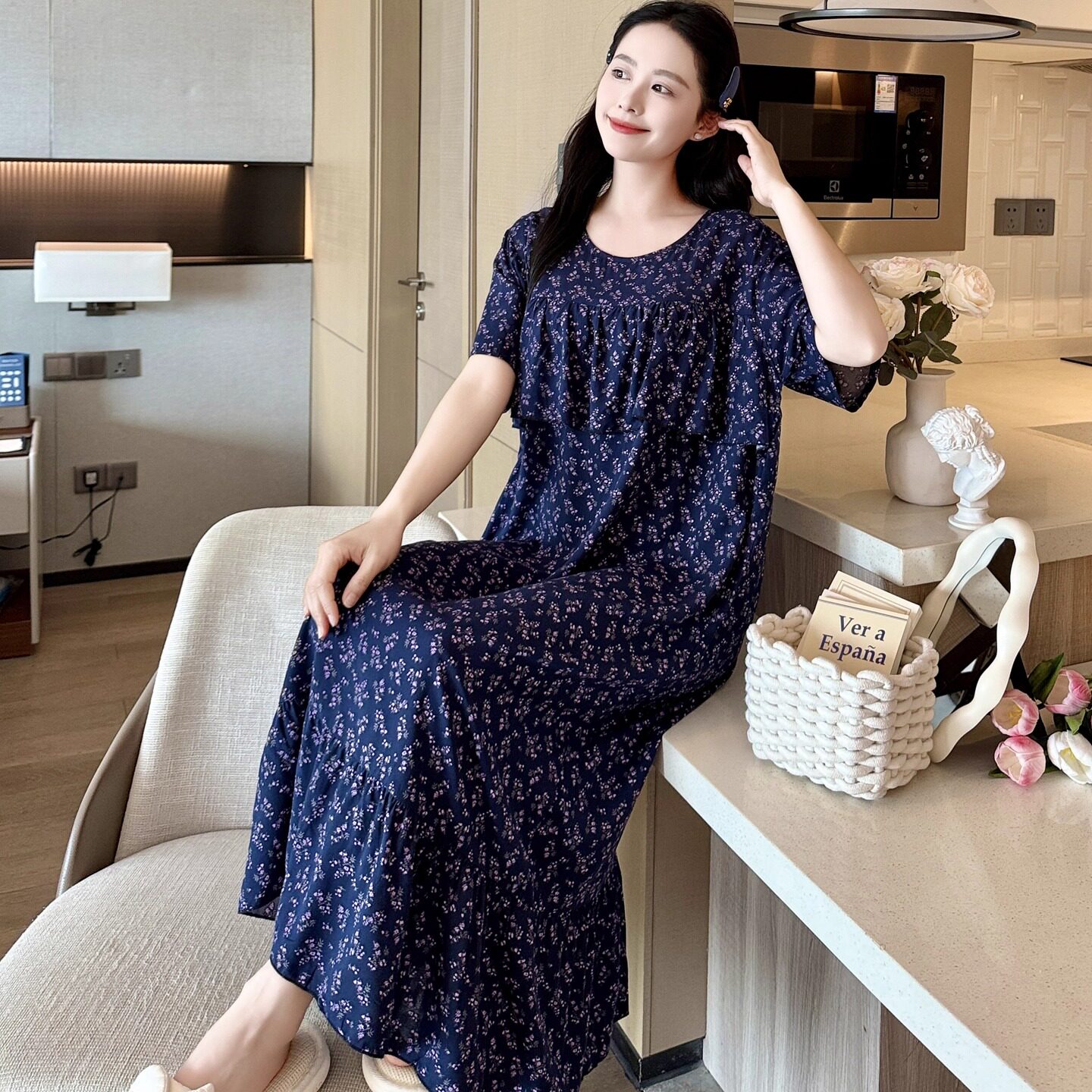 防凸点棉绸睡裙女夏季短袖妈妈睡衣薄人造棉长版洋装居家裙外穿