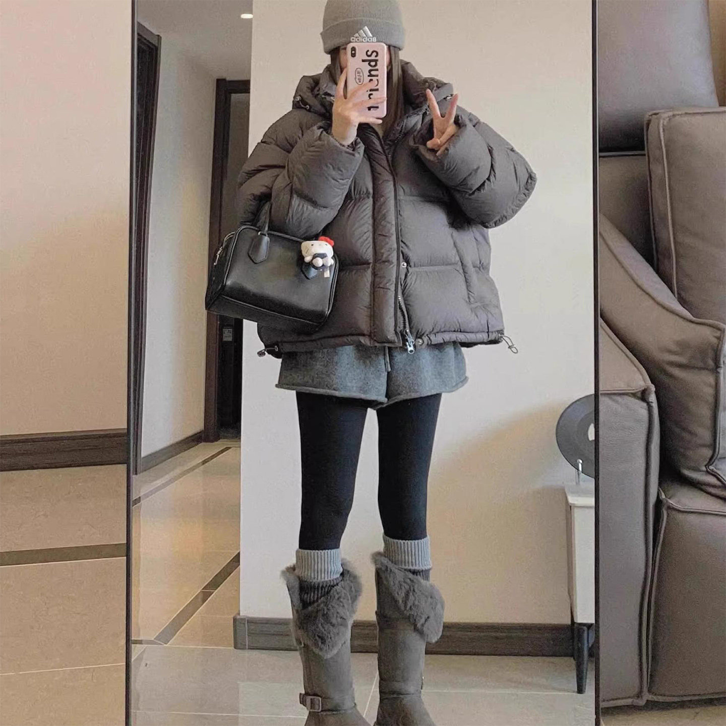 灰色针织短裤女秋冬配靴子外穿靴裤加厚保暖防寒卷边毛线裤打底裤