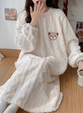 白色珊瑚绒睡衣女秋冬季2025新款长袖加厚睡裙可爱大码孕妇1123r
