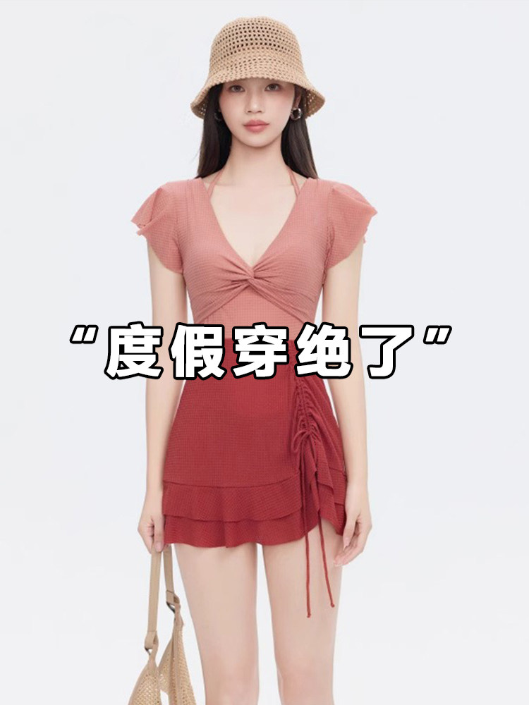 覆古显白连体泳衣女小胸聚拢遮肚显瘦裙式保守沙滩海边度假泳装