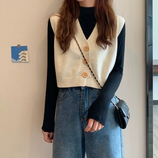 针织开衫马甲背心女春季日系短款无袖毛衣叠穿半高领打底衫两件套