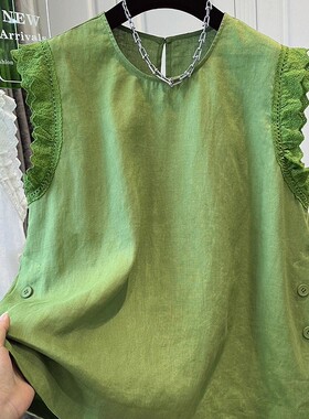 绿色木耳边蕾丝1/4寸套筒扳手袖T恤女夏季薄款宽松显瘦钮扣0203r1