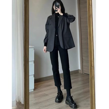 黑色直筒牛仔裤女秋冬加绒高腰四面弹显瘦百搭小个子九分裤烟管裤