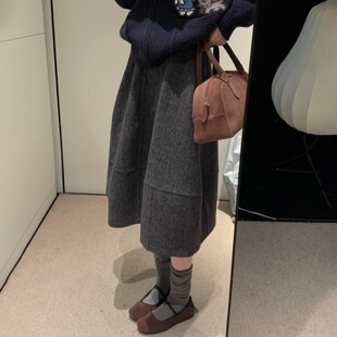 灰色毛呢半身裙女秋冬高腰显瘦a字裙高级感韩系中长款藏肉花苞裙