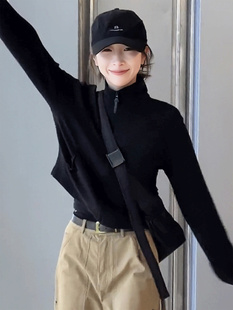 黑色立领拉炼卫衣长袖T恤女秋季2025新款修身巨好看短款开衫上衣
