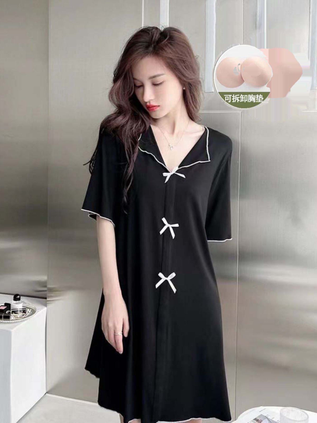 带胸垫睡衣女莫代尔夏季薄款2025新款短袖翻领睡裙免穿文胸家居服,女士内衣/男士内衣/家居服,睡裙,淘宝优惠券,粉丝福利购,淘宝优惠卷