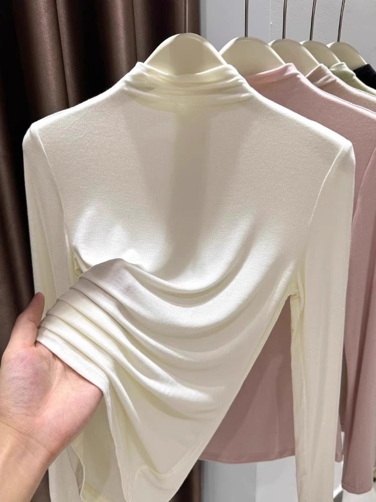 杏色莫代尔半高领打底衫女春秋西装内搭显瘦软糯面膜长袖t恤上衣