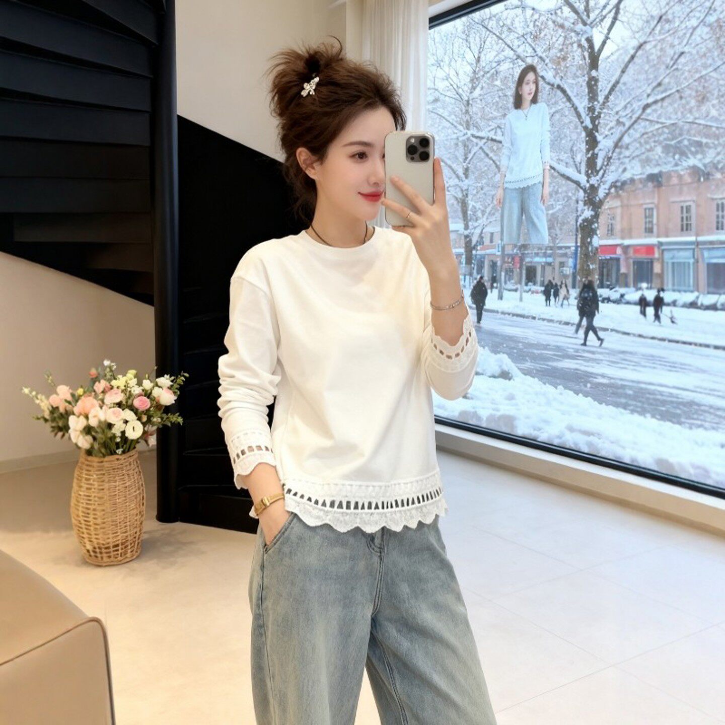 韩系蕾丝纯棉长袖T恤女2026春秋新款宽松内搭打底衫显瘦时髦上衣