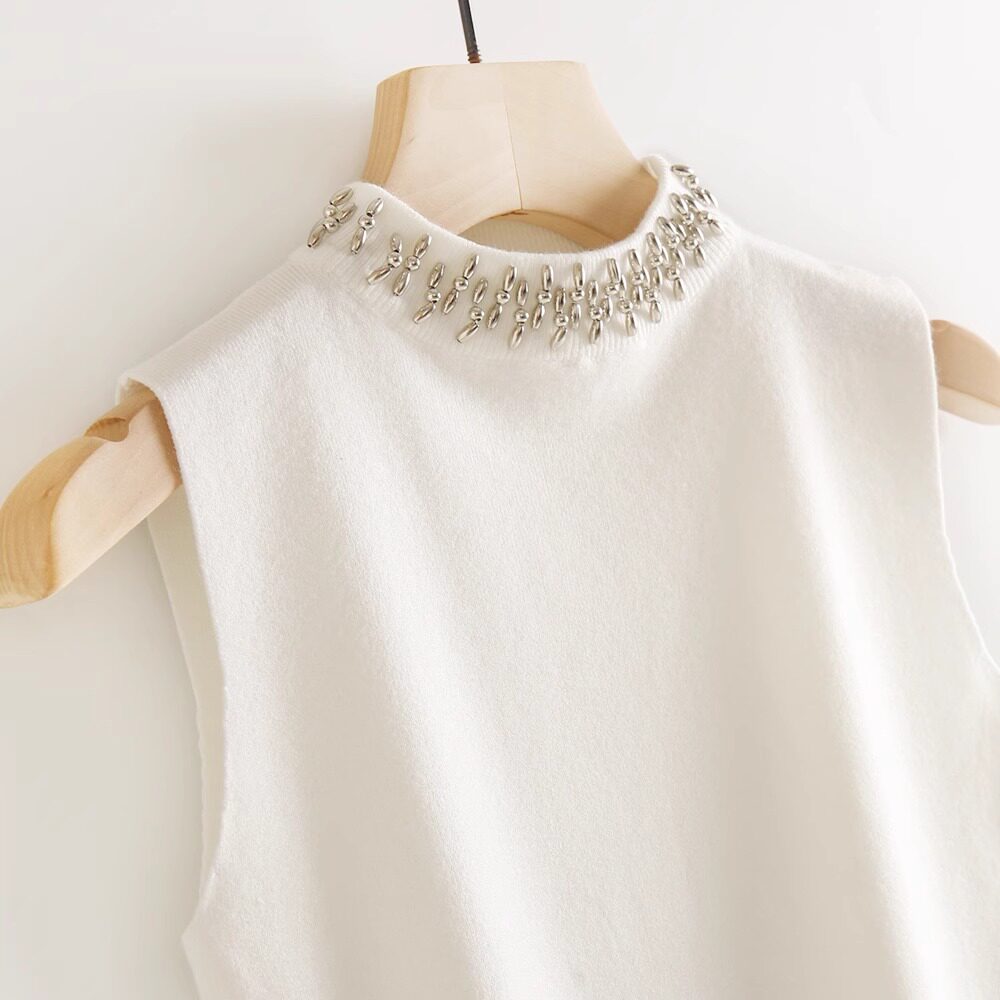 配小西装内搭女半高领白色无袖内搭衣手工钉珠立领针织吊带背心