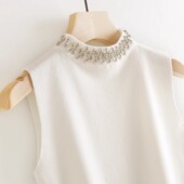 配小西装 内搭衣手工钉珠立领针织吊带背心 内搭女半高领白色无袖