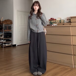 深灰色加绒弯刀裤女秋冬季梨形报恩裤高腰显瘦宽松加厚毛呢阔腿裤