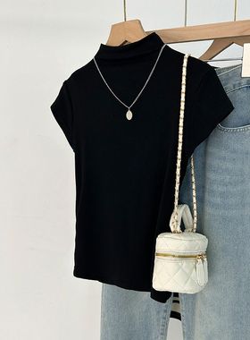 黑色半高领正肩短袖t恤夏季高端内搭打底衫显瘦秋上衣0115k