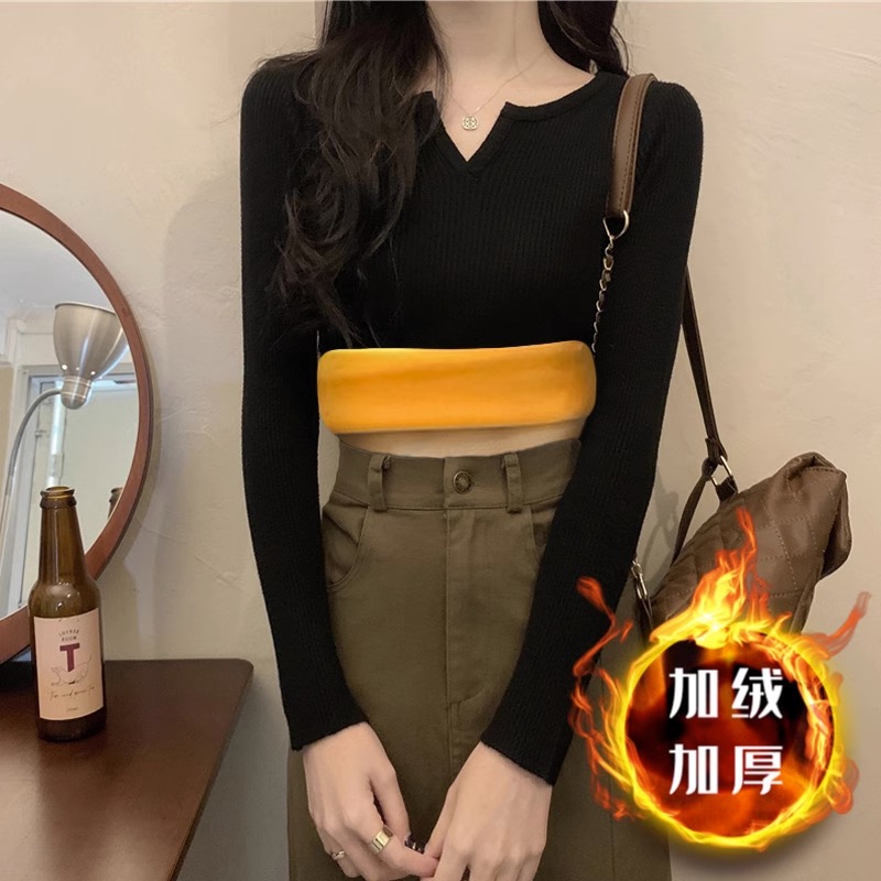 一体绒法式v领毛衣女2025年冬新款加绒加厚修身内搭针织打底1204w