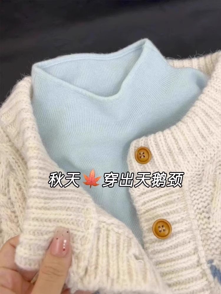 软糯蓝色半高领针织衫女春秋不起球毛衣洋气小香风内搭打底衫上衣