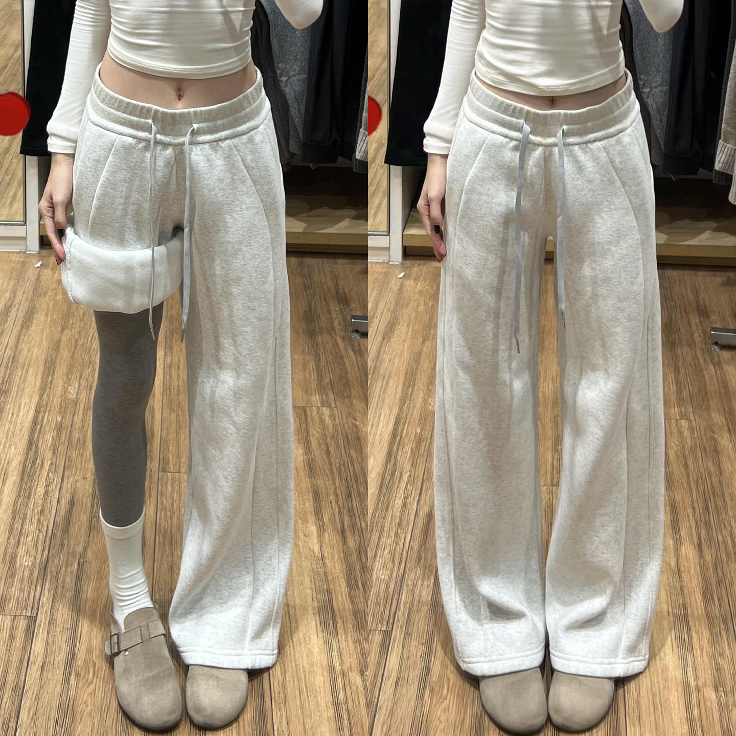 加绒加厚卫裤女秋冬新款阔腿裤高腰显瘦长裤休闲美式白灰色1119e