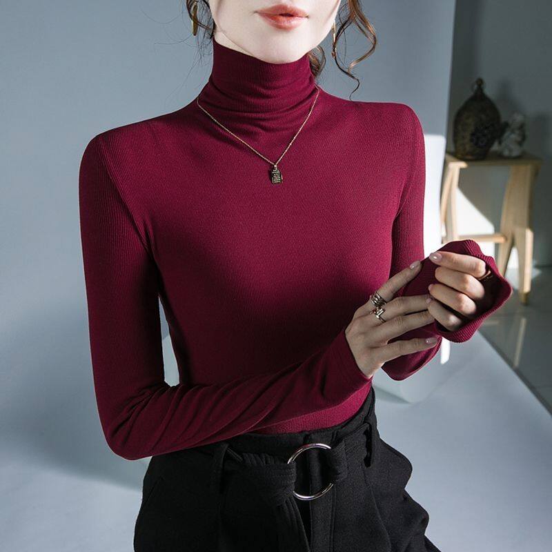 高端品牌酒红色高领打底衫女秋冬修身内搭长袖t恤正品高档上衣