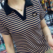 条纹短袖 体恤运动休闲翻领上衣0202r 宽松显瘦POLO衫 t恤女夏季 新款