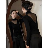 蕾丝拼接长袖 黑色半高领磨毛打底衫 女早春皮草内搭修身 t恤上0202r