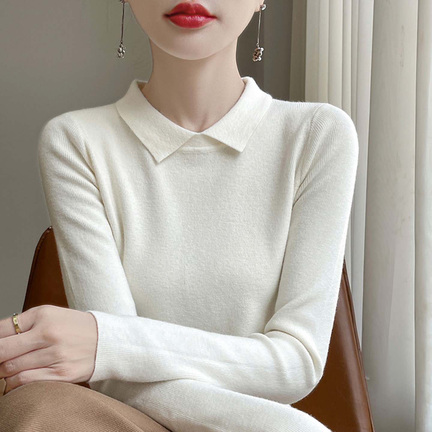 气质Polo领上衣毛衣女秋冬内搭修身显瘦小翻领米色针织打底1209r