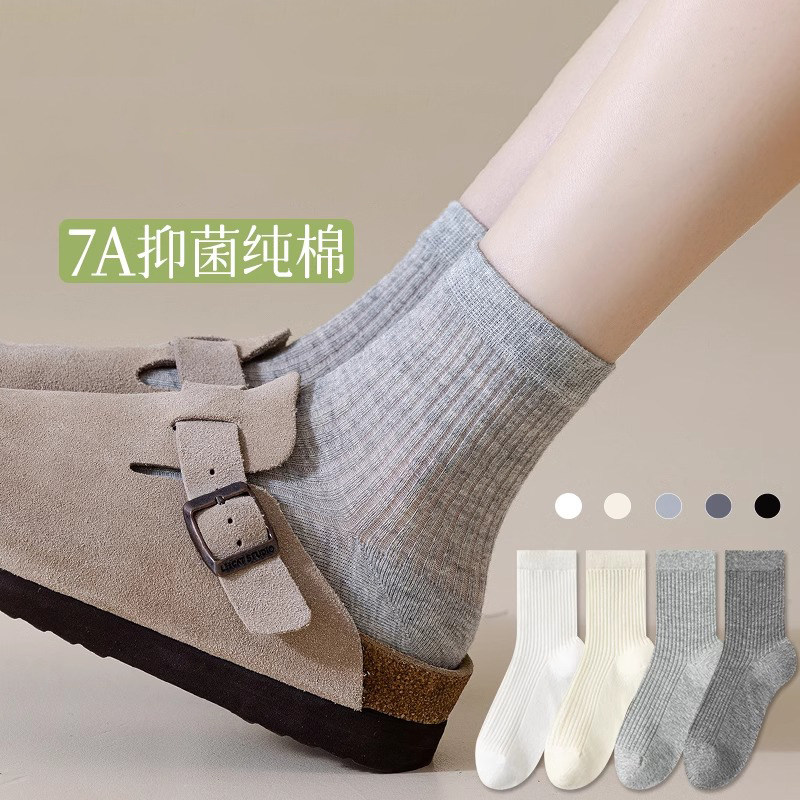 灰色中筒袜子女夏季薄款纯棉无骨袜2025年新款夏天搭配凉鞋的短袜