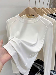 白色打底衫女秋冬修身内搭纯棉正肩圆领长袖t恤时尚百搭鱼骨上衣