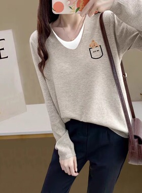 棉质假两件长袖T恤女2026春季宽松内搭欧货高级感米灰色V领0203r1