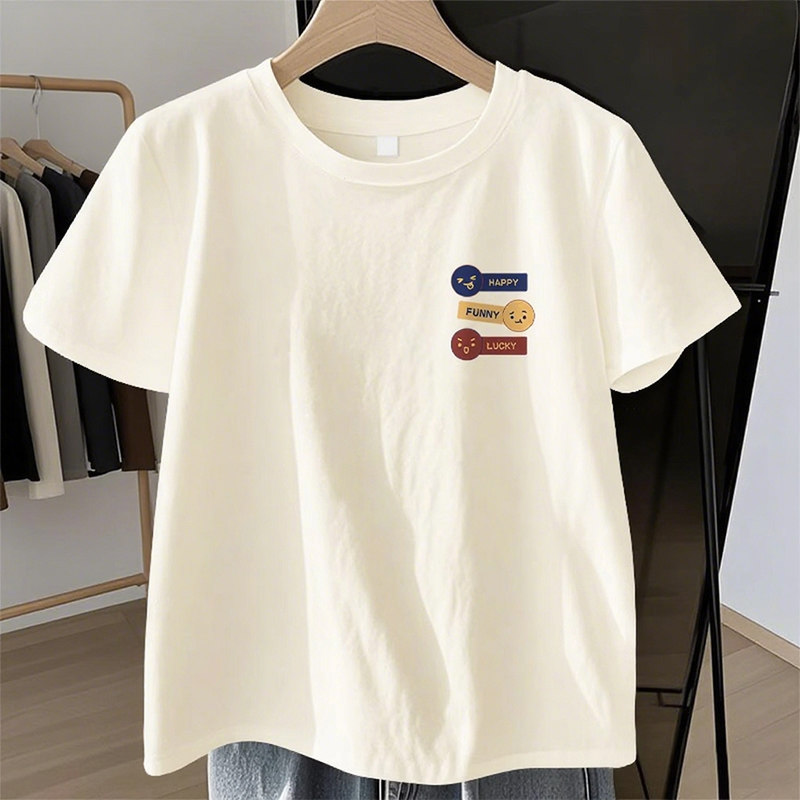 米色纯棉短袖T恤女2025夏季新款时尚宽松百搭T恤小个子半袖上衣