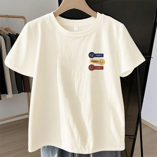 米色纯棉短袖T恤女2025夏季新款时尚宽松百搭T恤小个子半袖上衣