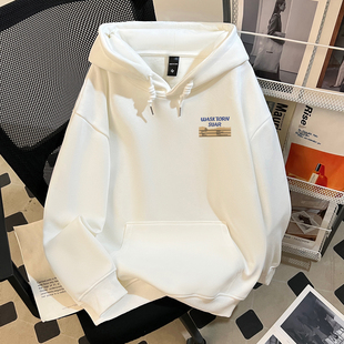 2025新款纯棉白灰色连帽卫衣男款新款潮牌重磅加绒加厚青少年外套