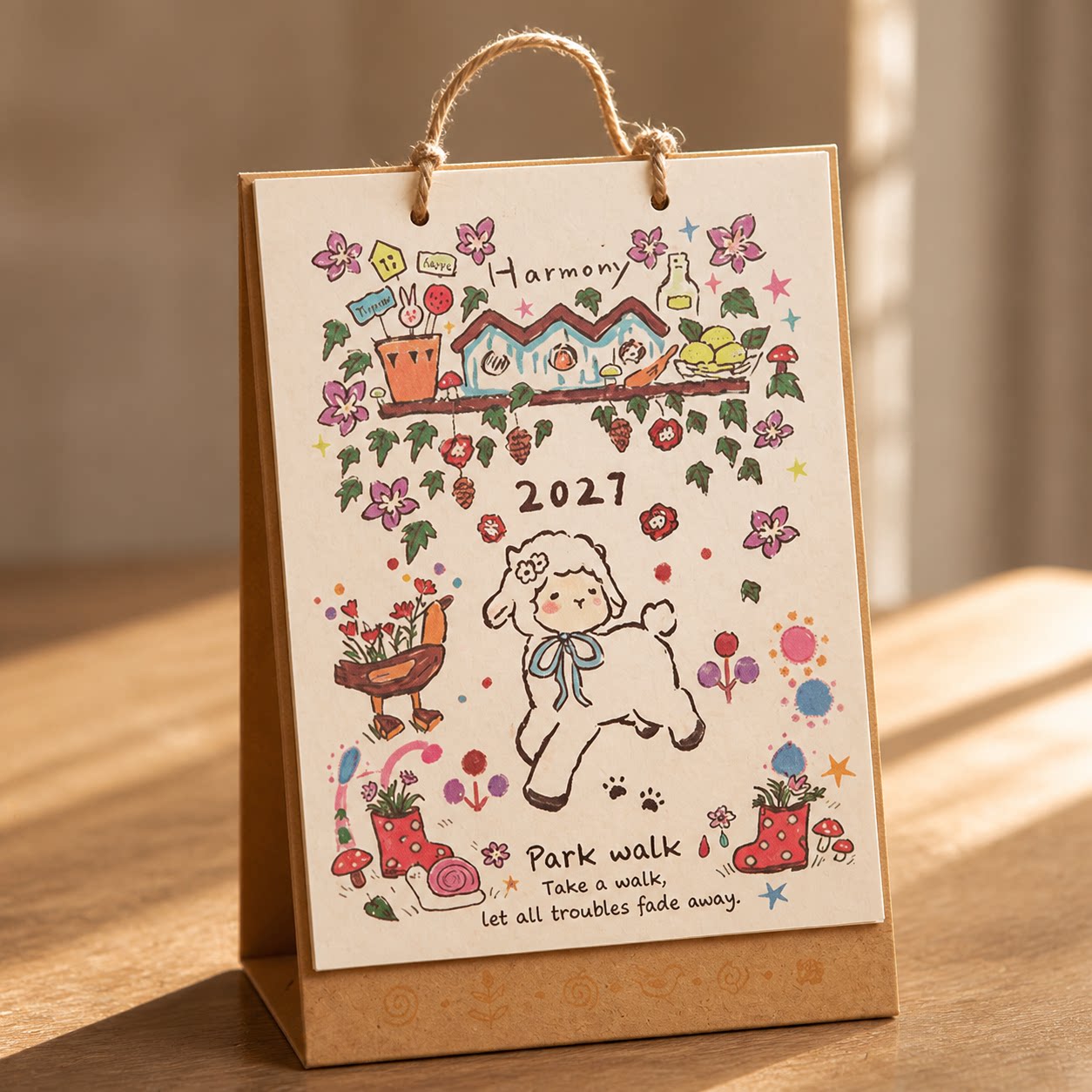 尼泊尔日历小羊涂鸦手绘插画台历2026年到2027年新款挂历月历高颜值ins风桌面摆件装饰挂件打卡生日送礼物图片