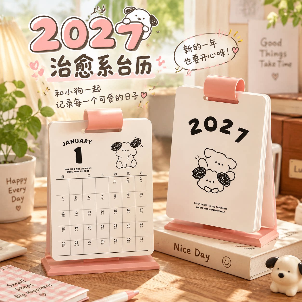 2027治愈系可爱小狗台历翻页日历2026新款桌面摆件中考高考倒计时提醒牌活动记事本计划表月历年历日程计划表图片