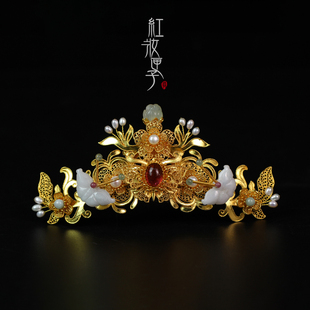 红妆匣子原创-翠锦-古风仿花丝发冠珍珠流苏步摇发饰套装复古头饰