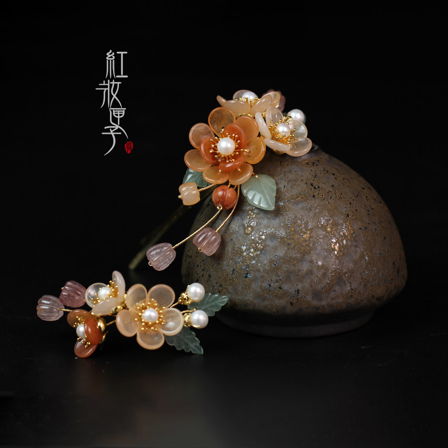 红妆匣子原创-秋棠-古风多宝花簪玉石金簪玉花发饰汉服旗袍配饰