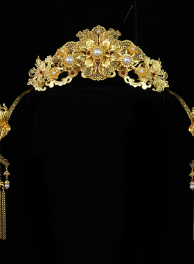 红妆匣子原创古风仿花丝珍珠金色发冠流苏凤簪百搭汉服新娘头饰