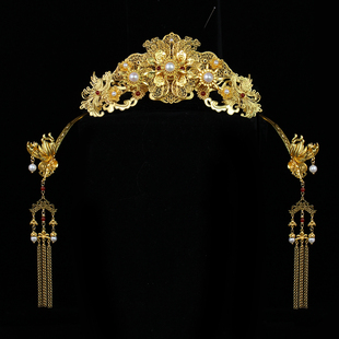 红妆匣子原创古风仿花丝珍珠金色发冠流苏凤簪百搭汉服新娘头饰