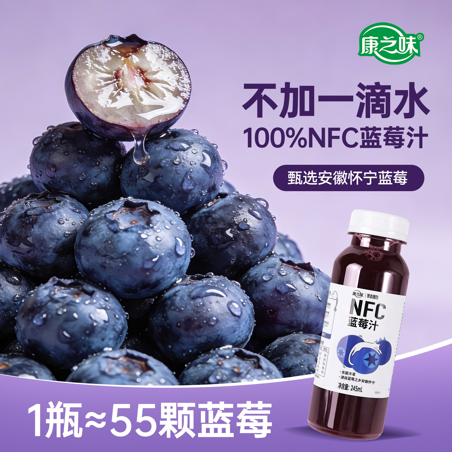 康之味NFC蓝莓汁245mlX10瓶装鲜果原榨无添加纯果汁饮品饮料整箱