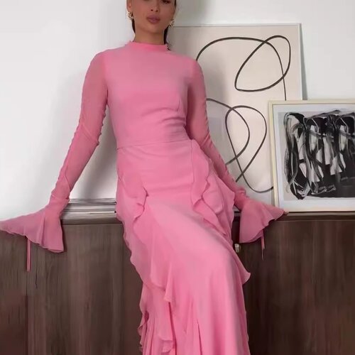 欧美荷叶边拼接宫廷风气质半高领连衣裙Women casual long dress