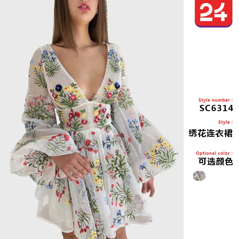 Women Party dress网纱刺绣设计感灯笼袖仙女连衣裙生日派对礼服