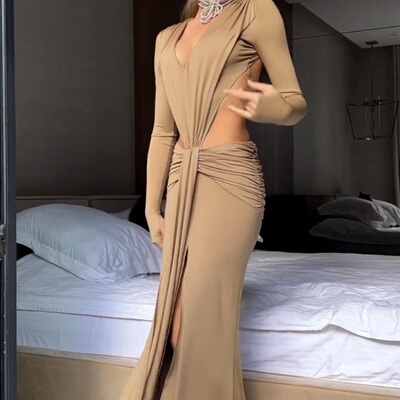 欧美网红吊带露背开叉辣妹性感连衣裙女Sexy backless slit