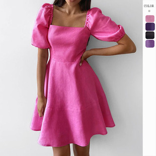 Women elegant dress 欧美纯欲优雅短袖方领仙女裙生日派对