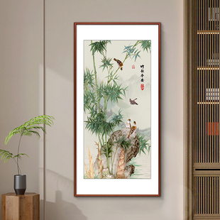 竹报平安竖版玄关画客厅装饰画绿竹子挂画墨竹图书房茶室过道壁画