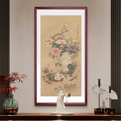 古典花卉竖版玄关画实木框装裱