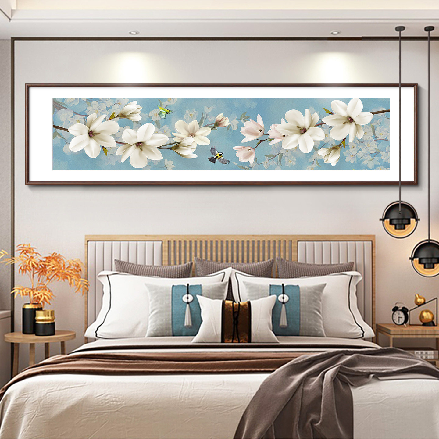 玉兰花牡丹床头画新中式花鸟挂画客厅装饰画中国风卧室温馨壁画