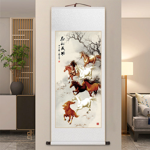 马到成功卷轴挂画 画八骏图新中式客厅装饰画 画骏马图玄关书房茶