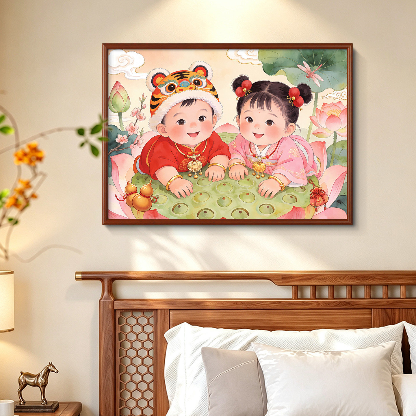 送子娃娃卧室新房装饰画双胞胎龙凤送子图摆件床头画新婚礼物挂画