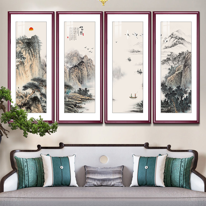 国画四条屏山水画沙发背景墙挂画中式客厅装饰画办公室四联水墨画
